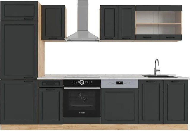Vicco R-Line Küchenzeile Landhausstil in Anthrazit und Eiche mit Marmor-Optik, Breite: 300 cm - Bild 1