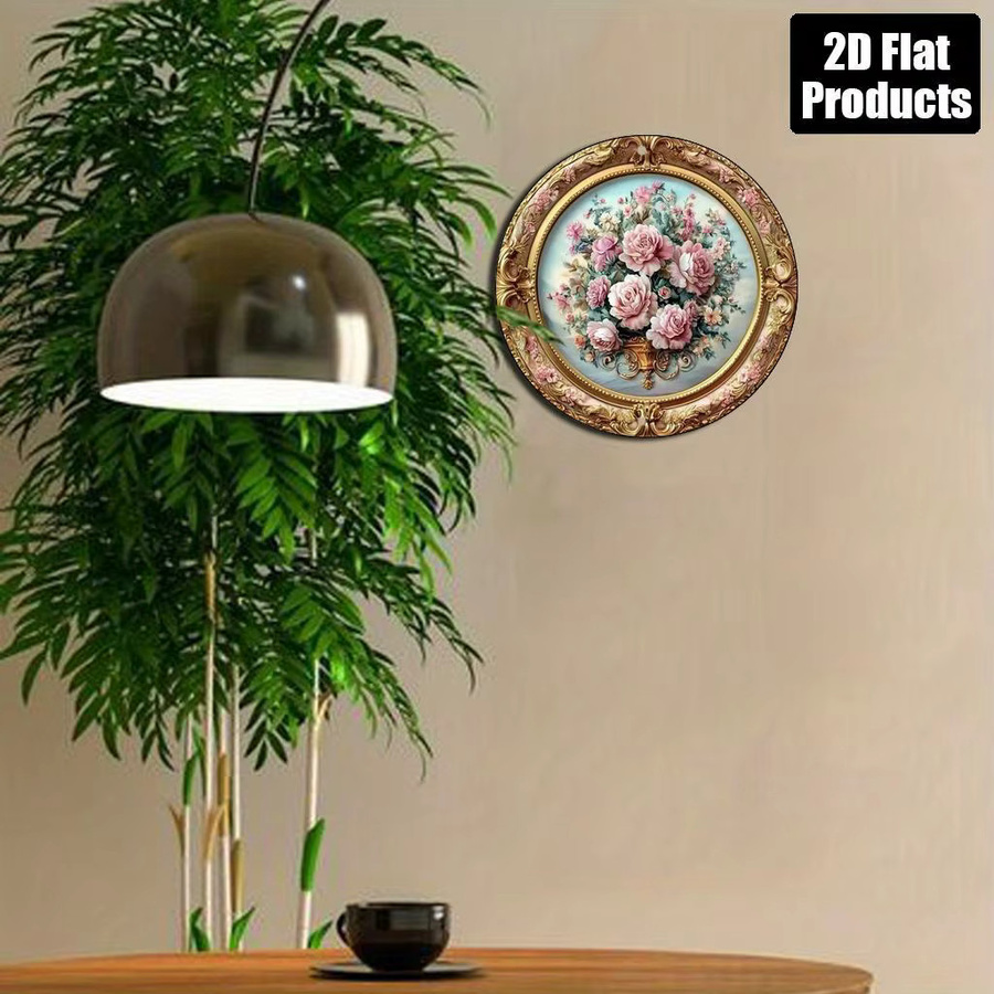 Potdemiel Rundes Aluminium-Wandkunstschild mit floralem Rosenmuster in Rosa und Gold, Vintage Metall-Wanddeko, Durchmesser: 20,3 cm - Bild 5