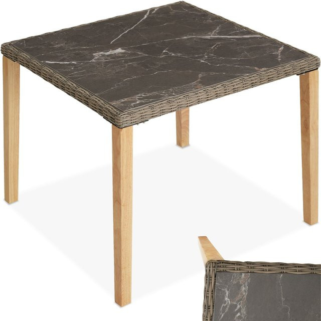 tectake Rattan Tisch Tarent in Braun mit Marmoroptik und Aluminiumgestell für Garten und Outdoor, B/T/H: 93,5 x 93,5 x 75 cm - Bild 1