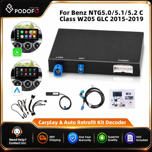 Podofo Wireless CarPlay und Android Auto Nachrüstkit für Mercedes Benz NTG 5.0 5.1 5.2 C-Klasse W205 und GLC 2015-2019 in Schwarz mit Rückfahrkamera-Unterstützung - Bild 1