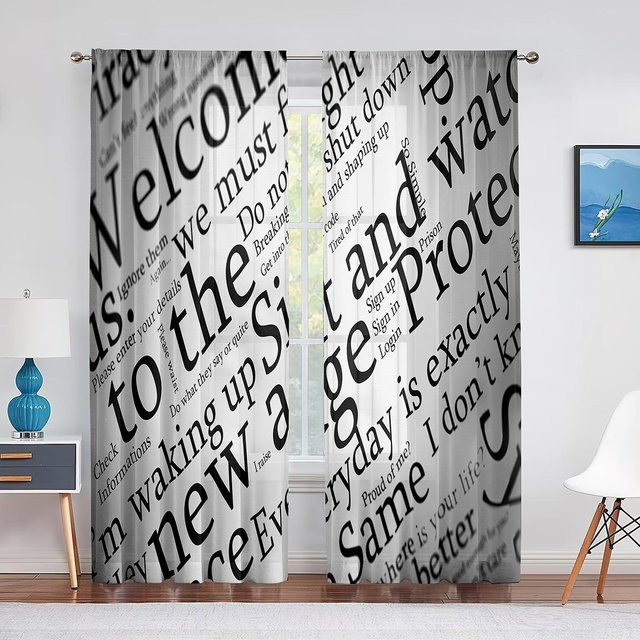 Binchi Outdoor Equipment Transparenter Vorhang im Vintage-Stil mit Zeitungsmuster, Weiß, B: 100 cm, H: 250 cm - Bild 1