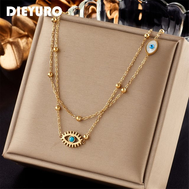 DIEYURO Halskette Multilayer 2in1 Auge Anhänger, Edelstahl, Gold, Damen - Bild 1
