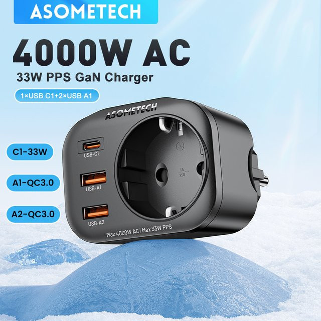 ASOMETECH GaN Ladegerät mit 33 W USB-C PD PPS Schnellladegerät und 4000 W AC Steckdose in Schwarz - Bild 1