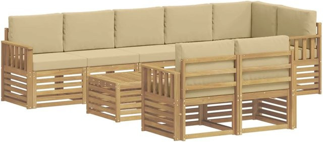 vidaXL Outdoor-Sofagarnitur 8-teilig in L-Form aus Akazie mit Polstern in Weiß, Beige und Braun, B/T/H: 59 x 59 x 37 cm - Bild 1