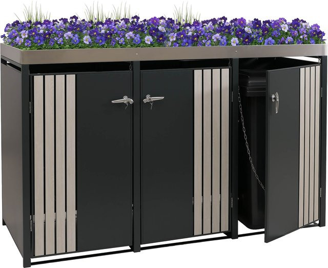 MCW 3er-Mülltonnenverkleidung O67 mit Pflanzkasten aus Metall in Anthrazit Holzoptik Hell, B/T/H: 125 x 84 x 196 cm - Bild 1