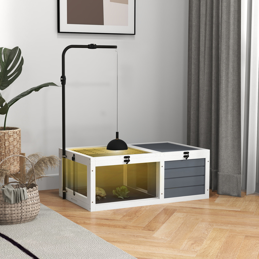 PawHut Haus Gehege Käfig für Kleintiere und Reptilien aus Massivholz mit 2 Bereichen und verstellbarem Lampenhalter, Farbe: Grau/Weiß, B/T/H: 81 x 48 x 31,5 cm, Marke: Aosom - Bild 2