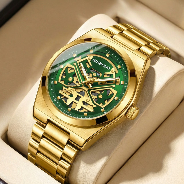 BINBOND Armbanduhr, Quarz, Edelstahl, Gold, grünes Zifferblatt, Unisex - Bild 1