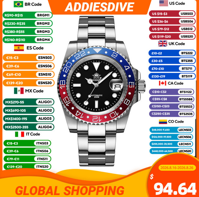 ADDIESDIVE Taucheruhr, Automatik, Edelstahl, Saphirglas, Herren - Bild 1
