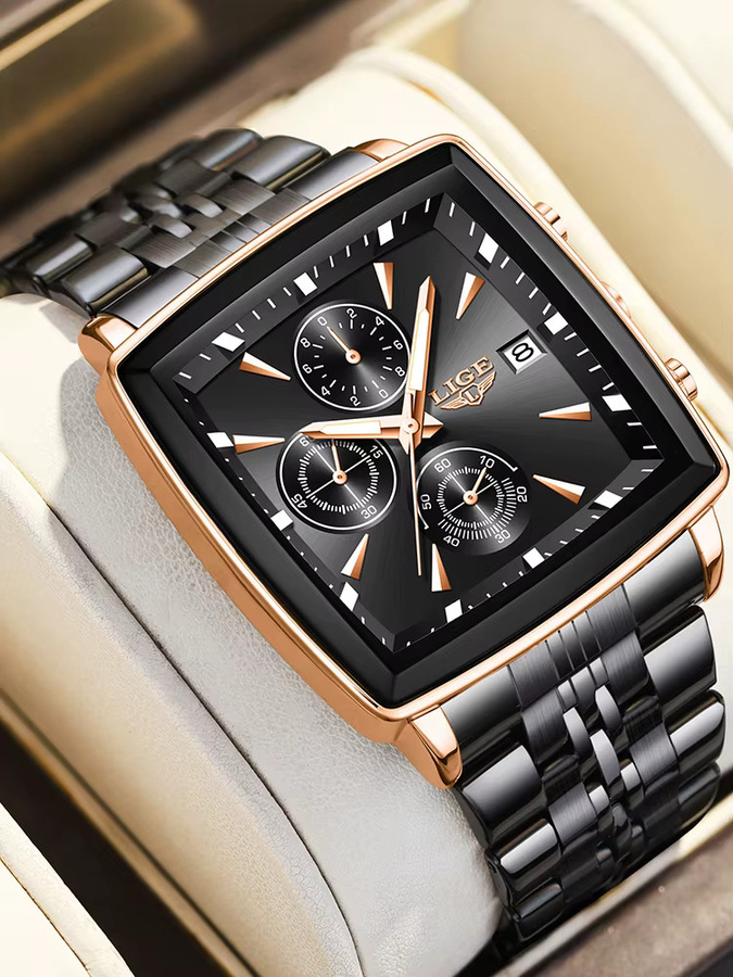 LIGE Armbanduhr, Quarz, Edelstahl, Eckig, Schwarz, Herren - Bild 6