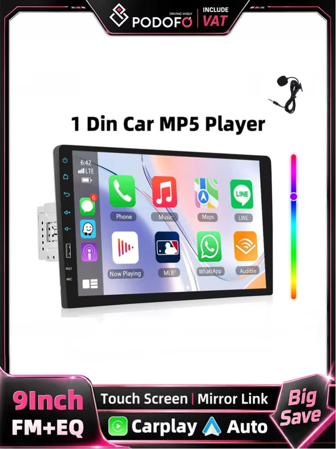 Podofo 1Din Fahrzeug-Stereoradio mit 9-Zoll-Touchscreen, Carplay, Android Auto, Bluetooth und USB in Schwarz - Bild 6