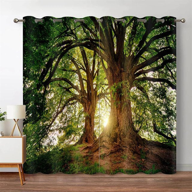 2er-Set halbtransparente Vorhänge mit Wald- und Dschungel-Motiv von Household supplies MH, B: 55 cm, H: 120 cm, mehrfarbig - Bild 1