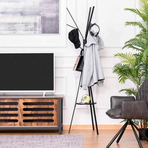 HOMCOM Garderobenständer aus Metall in Schwarz mit 8 Haken und Ablage, moderne Standgarderobe mit Dreibein-Gestell, B/T/H: 45 x 45 x 180 cm - Bild 4