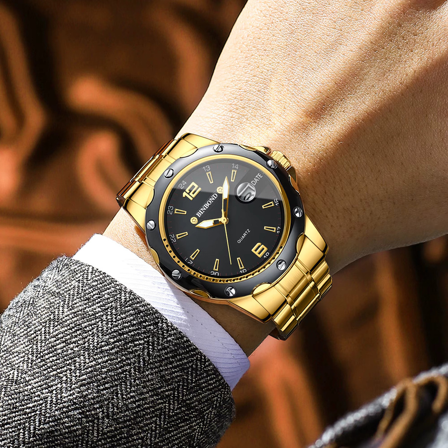 BINBOND Armbanduhr Quarz, Edelstahl, Gold, Schwarz, Herren - Bild 3