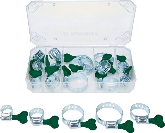 Parkside Sortiment aus Schlauchklemmen, Haken- und Ösen, Schrumpfschläuchen, Blindnieten und Dichtungsringen aus Stahl in Silber, 19-teilig - Bild 1