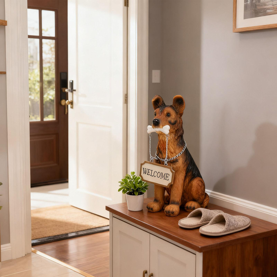 Niedliche Hundestatue mit Willkommensschild aus Harz als Welpen-Skulptur für Garten, Rasen, Hof oder Balkon - Bild 4
