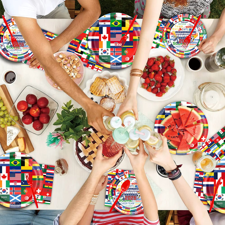 Potdemiel Einweg-Tischware mit internationalen Weltflaggen in Multicolour für Fußball-Partys und Sport-Geburtstagsdekorationen - Bild 4