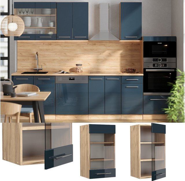 Vicco Glashängeschrank Fame-Line Küchenschrank in Dunkelblau Hochglanz und Eiche mit Soft-Close-Scharnieren, Breite: 40 cm - Bild 1