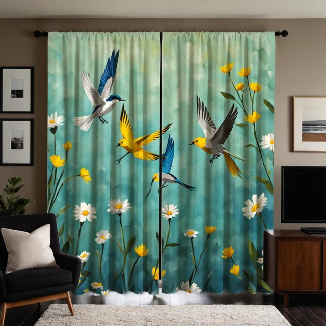 2er-Set moderne dekorative Vorhänge mit geometrischem Digitaldruck in Blau, B: 132 cm, H: 160 cm - Bild 1