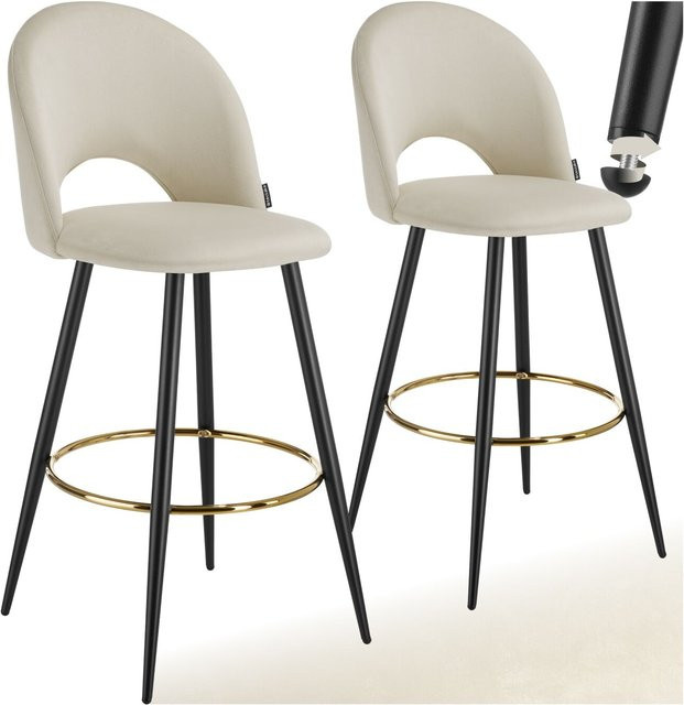 tectake Barstuhl Sachel Set aus 2 Stück in Samtoptik mit Rückenlehne und Fußstütze, Farben: Beige und Schwarz, B/T/H: 58 x 49 x 110 cm - Bild 1