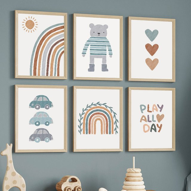 MINISO Boho Wandkunst Leinwand für das Kinderzimmer mit Bär, Regenbogen, Sonne und Herz in Multicolour - Bild 1