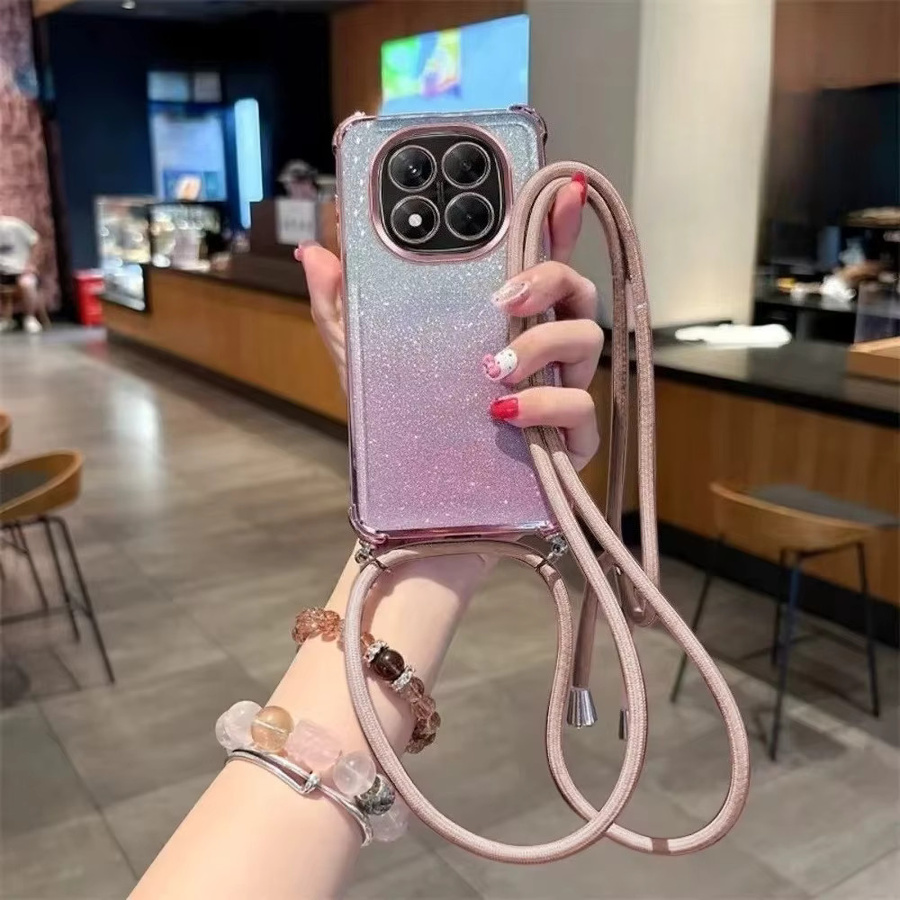Stoßfeste Silikonhülle mit Umhängeband für Xiaomi 15T Pro 14T 13T 12T 11 Lite 12 17 Pro Max in Pink mit Glitzer-Effekt - Bild 1