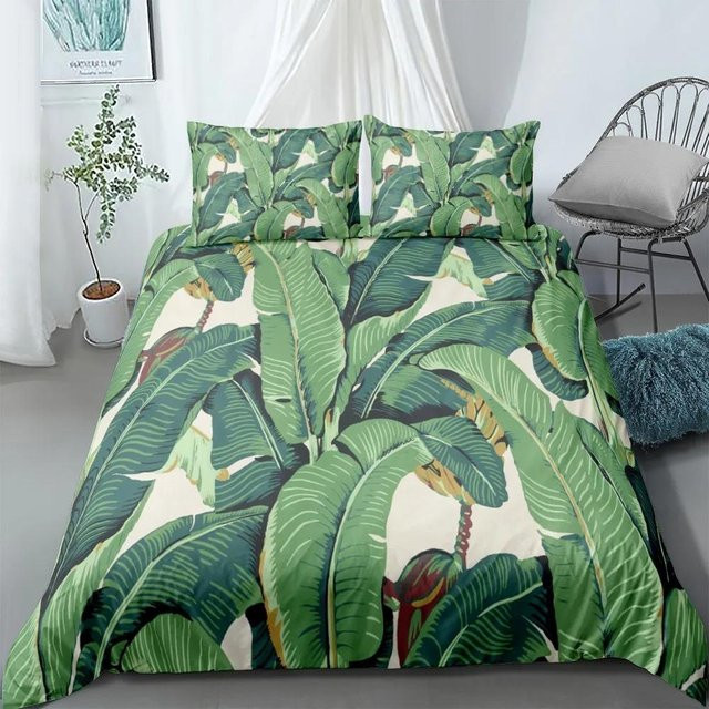 Bettwäsche-Set mit tropischem Palmenblatt-Design in Grün, bestehend aus Bettbezug und Kissenbezug, B/H: 135 x 200 cm - Bild 1