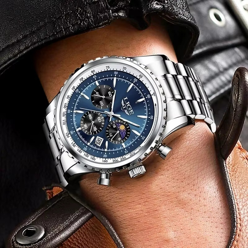 Lige Armbanduhr, Quarz, Chronograph, Edelstahl, Blau, Herren - Bild 5