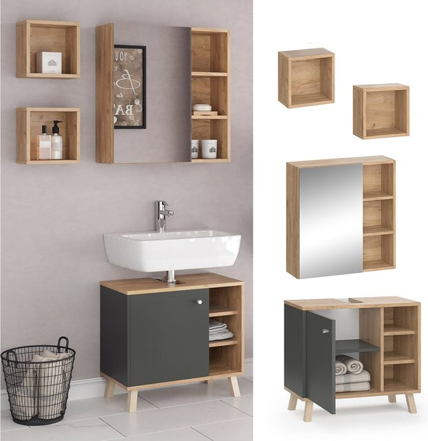 Vicco Badmöbel-Set Senyo in Anthrazit und Gold im skandinavischen Stil, bestehend aus 3 Teilen inklusive Spiegelschrank - Bild 2