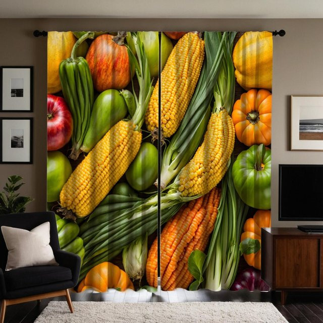 2-teiliges Set MH Vorhang mit Mais-Gemüse-Motiv in Grün und Multicolour, digital bedruckt, semi-transparent, B: 132 cm, H: 160 cm - Bild 1
