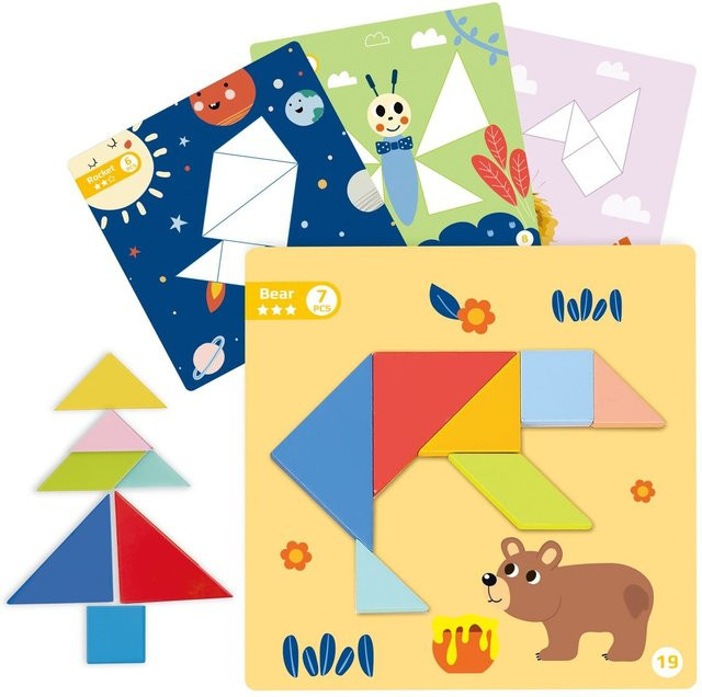 Tooky Toy Tangram TF642 Magnetpuzzle Holz, 18-teiliges Set, bunt - Bild 1