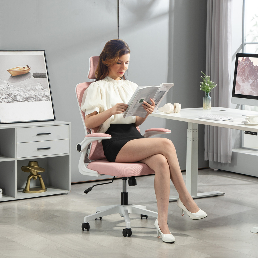 Vinsetto Ergonomischer Bürostuhl in Rosa mit Lordosenstütze, verstellbarer Kopfstütze und klappbaren Armlehnen, drehbarer Schreibtischstuhl aus Netzstoff - Bild 2