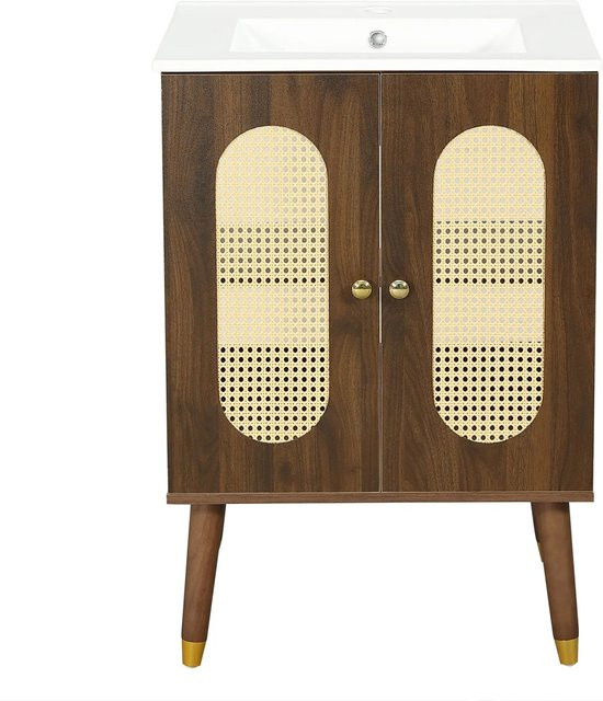 Merax Waschtischunterschrank Boho Design in Walnuss mit Rattan und Keramikbecken, Farbe: Braun, B/T/H: 61 x 47 x 89 cm - Bild 1