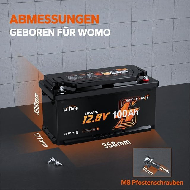Litime LiFePO4 Bluetooth Batterie 12,8V 100Ah in Schwarz mit Low-Temp-Abschaltschutz und hoher Zyklenfestigkeit - Bild 1