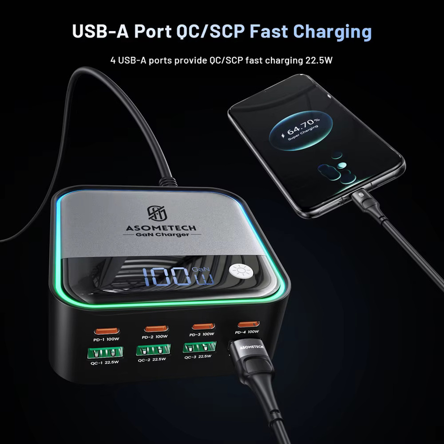 ASOMETECH GaN USB C Desktop Ladegerät mit 8 Ports und Display, 4x 100W PD PPS Schnellladegerät in Schwarz - Bild 4