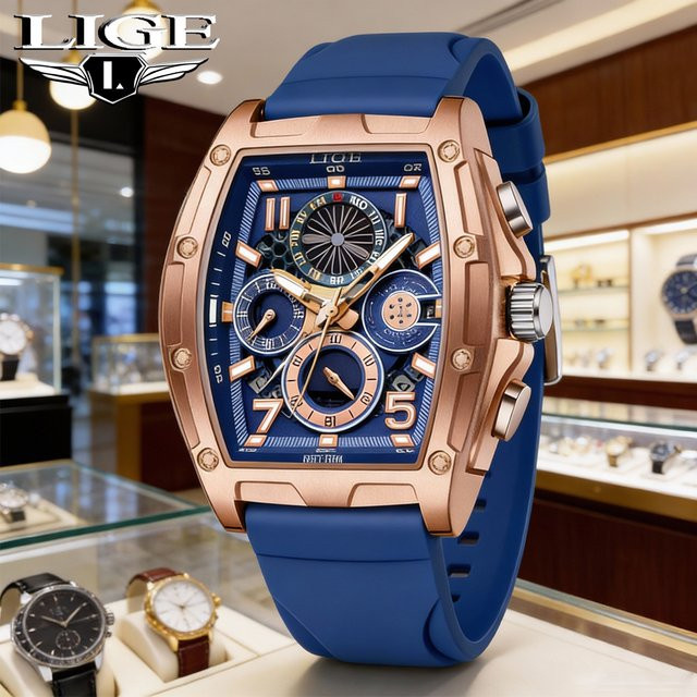 LIGE Chronograph, Quarz, Tonneau, Silikon, Blau, Herren - Bild 1