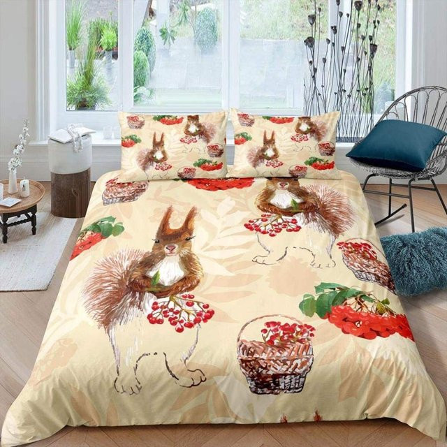 Bettwäscheset mit Eichhörnchen und Blumen im Retro-Aquarell-Design von Binchi Outdoor Product, Farbe Beige, B/H: 135 x 200 cm - Bild 1
