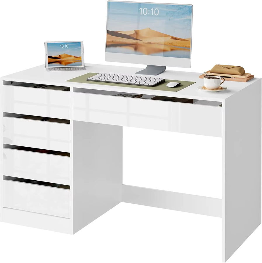 ESituro Schreibtisch mit 5 Schubladen in Weiß, moderner Computertisch mit großem Stauraum für Büro und Schlafzimmer, B/T/H: 120 x 55 x 75 cm - Bild 2