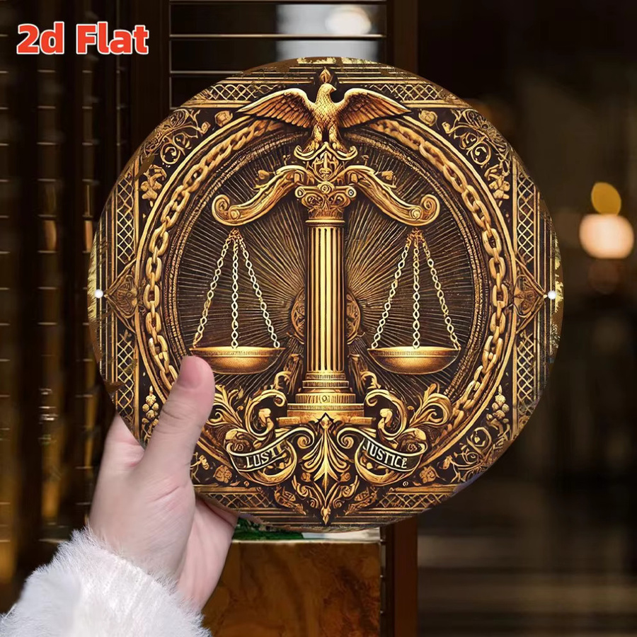 HELLOYOUNG Lady Justice Aluminiumschild, runde Wandkunst in Gold mit Waagen der Gerechtigkeit, Durchmesser: 20 cm - Bild 2