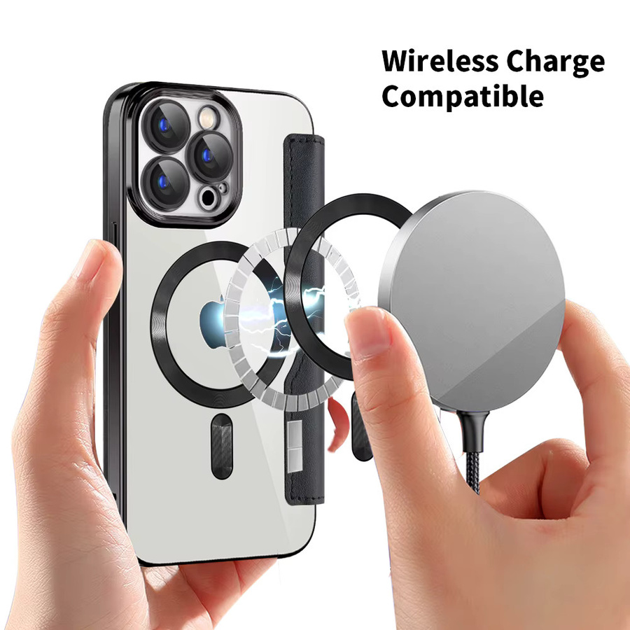 MagSafe Lederhülle mit Kartenfächern für iPhone 16 15 14 13 12 Pro Max Plus, magnetische Flip-Brieftaschenhülle in Schwarz - Bild 2
