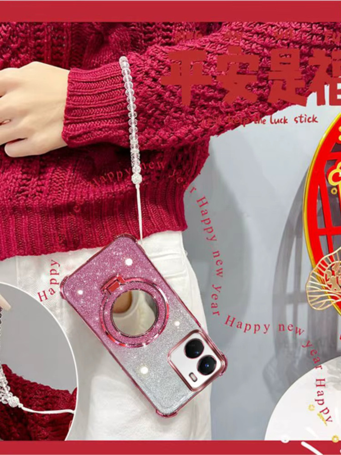 LIEI Handyhülle für Vivo Y16 4G in Pink mit Glitzer-Effekt, Spiegelständer und Perlenband - Bild 5