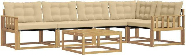 vidaXL Outdoor-Sofagarnitur in L-Form aus Akazienholz mit Textilene-Polstern, 6-teiliges Set in Weiß und Beige, B/T/H: 79 x 79 x 37 cm - Bild 1