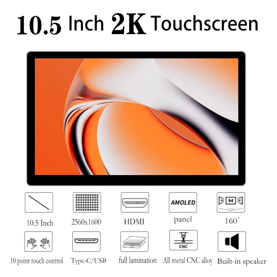AISHICHEN OLED Tragbarer Monitor 10,5 Zoll 2K QHD Touchscreen in Schwarz mit USB-C und HDMI für Laptop, Mac, Handy sowie PS4/5 und Nintendo Switch - Bild 3