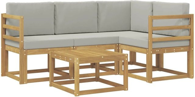 vidaXL Outdoor-Sofagarnitur 5-teilig in L-Form aus Akazienholz mit Polsterkissen, Weiß-hellgrau, B/T/H: 59 x 59 x 37 cm - Bild 1