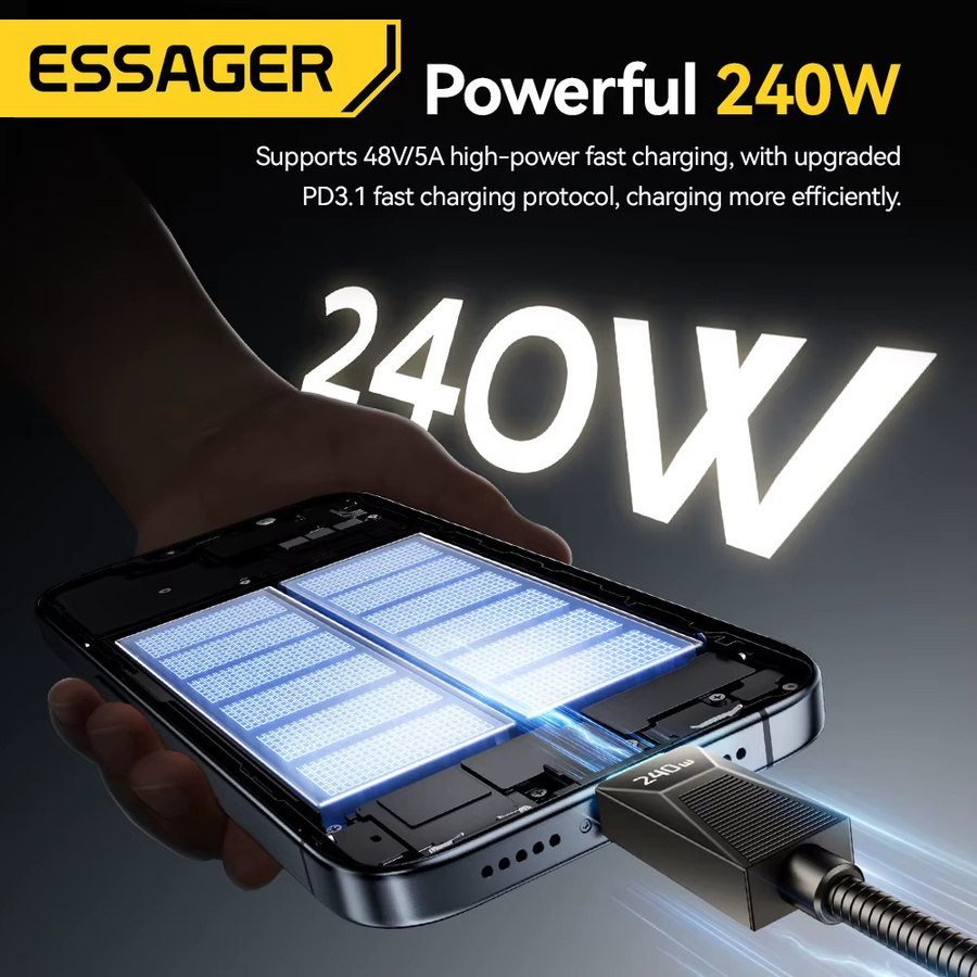 Essager Typ-C-Kabel mit 240 W Superschnellladung und 100 W Schnellladefunktion aus Edelstahl in Schwarz - Bild 4