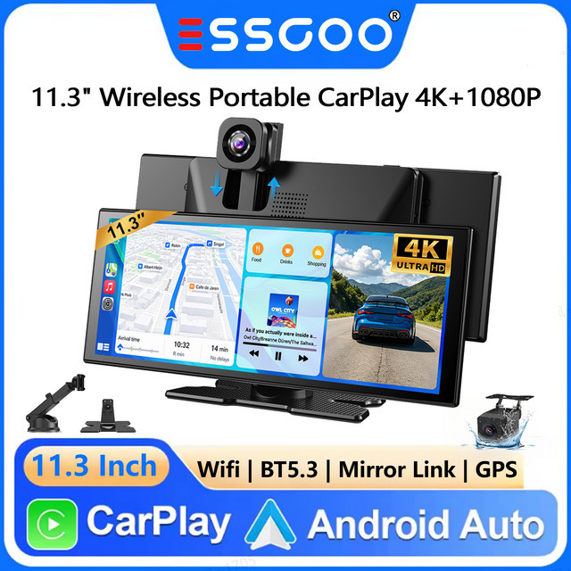 ESSGOO Auto-DVR Videorekorder mit 11,3 Zoll Display, 4K UHD und 1080P, kabelloses CarPlay & Android Auto, Dual-Aufnahme, Nachtsicht, WiFi, GPS, Bluetooth 5.3, FM, AUX und Mirror Link in Schwarz - Bild 1