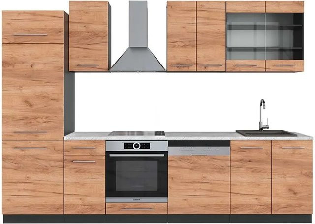 Vicco Fame-Line Küchenzeile Goldkraft Eiche Anthrazit 300 cm mit Marmor-Optik und Soft-Close-Türen - Bild 1