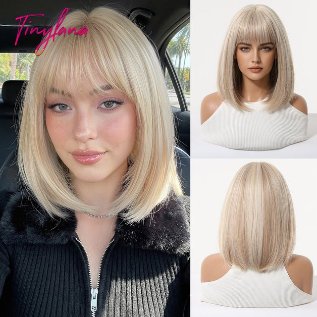 TINY LANA Perücke, platinblond, kurz, gerade, mit Pony, hitzebeständig - Bild 1
