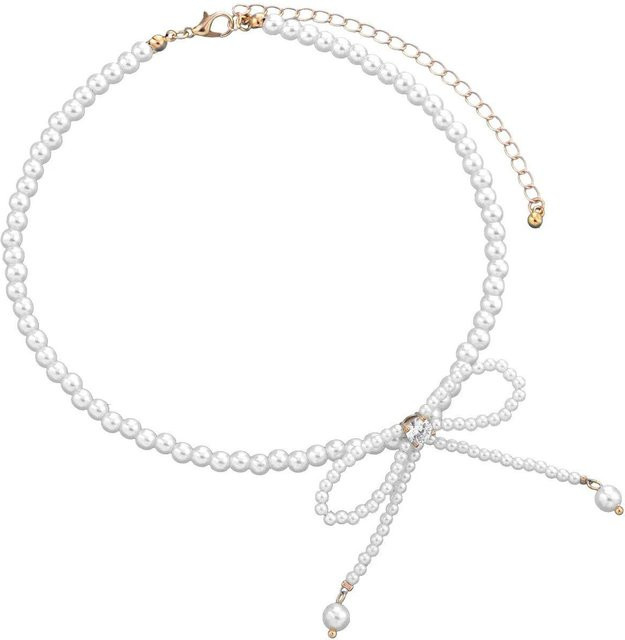 Ambiel Charm Halskette, Bowknot, Zirkon, Imitationsperlen, Gold, Damen - Bild 1
