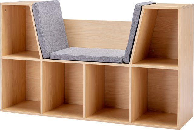 HOMCOM Kinderregal mit Sitzhocker und 6 Fächern als Spielzeugkiste inklusive 3 Kissen, Grau+Natur, B/T/H: 103 x 30 x 62 cm - Bild 1