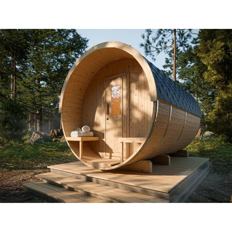 FinnTherm Fasssauna Levi aus Fichte in Natur mit B/T/H: 235 x 215 x 350 cm - Bild 2